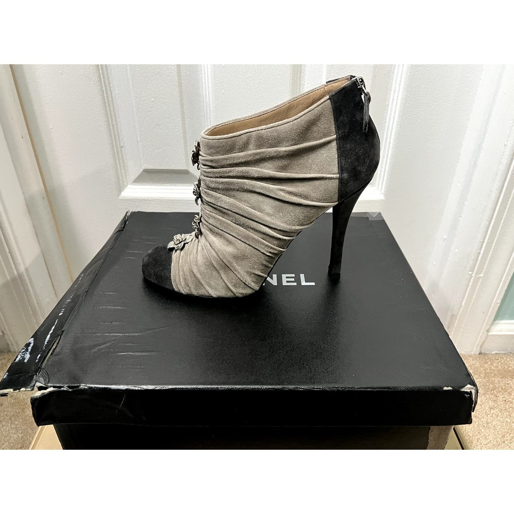 CHANEL CC Camelia Booties Boots Beige Taupe Gray Grey Black Silver Heels 41 11